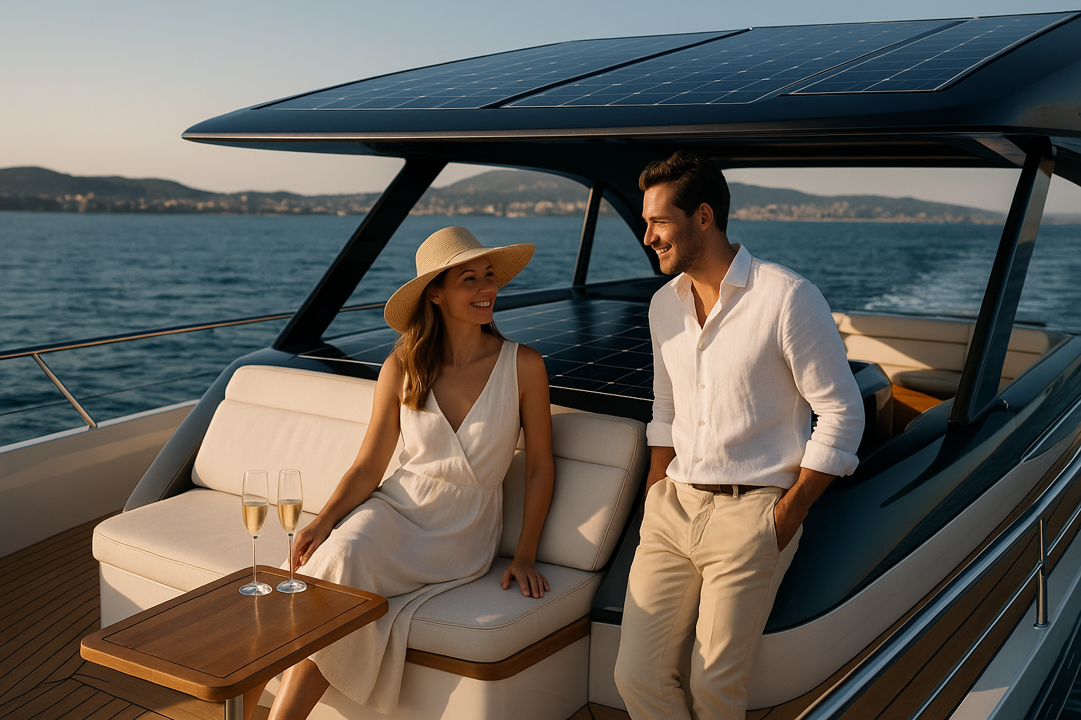 Composite lineup photo of leading electric-yacht types/models in a high-end marina: hydrofoiling dayboat, solar-electric catamaran, luxury solar catamaran, sleek connected dayboat, and premium dayboat; panoramic composition